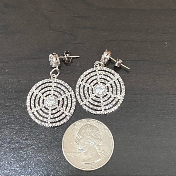 Silver-tone CZ Cubic Zirconia Round Swirl Web Pave Drop Earrings - Picture 11 of 13